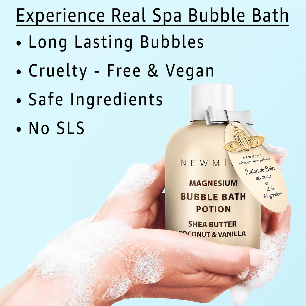 Magnesium Bubble Bath - Long Lasting Foaming Bubbles - Moisturizing - Shea Butter Coconut Vanilla - Relaxing Stress