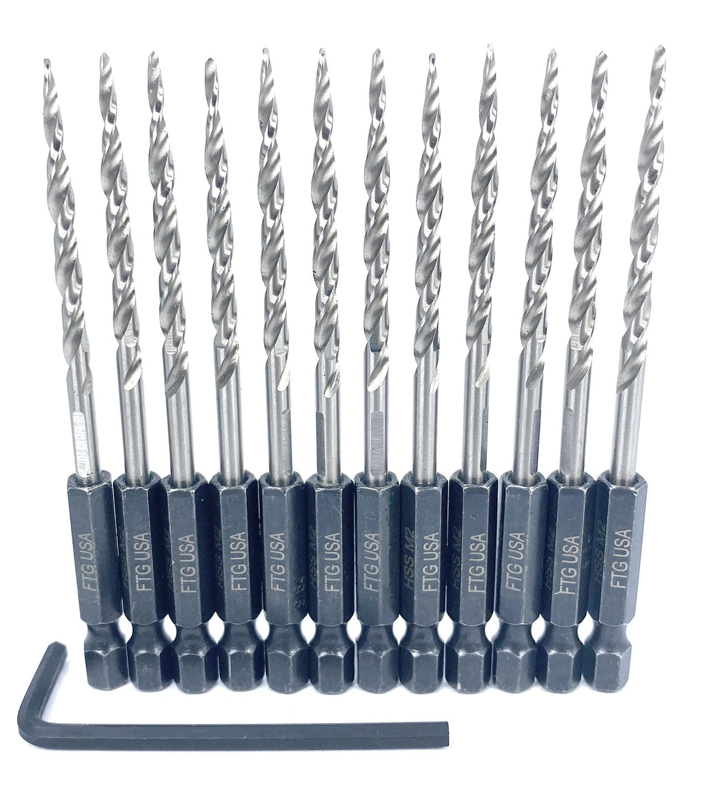 FTG USA 12Pc #6 (9/64") Replacement Countersink Drill Bit Set Tapered Bits