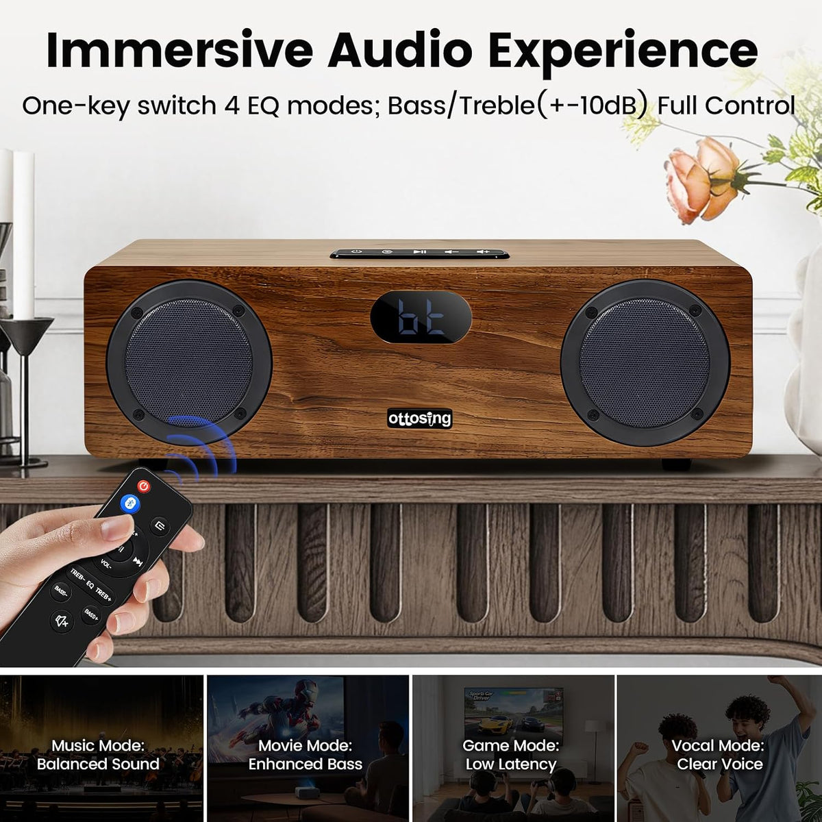 2.1 Sound Bar for Smart TV, Built-in 30W Subwoofer, Bluetooth 5.0,Optical/HDMI ARC/AUX/USB Inputs, Wooden Home