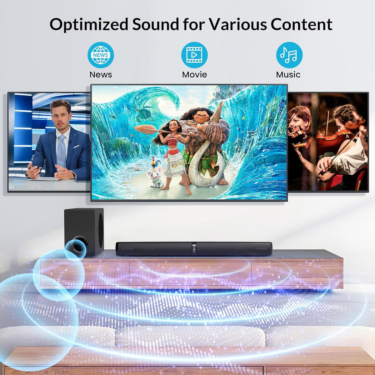 Sound Bar with Subwoofer, 110W Sound Bar for Smart TV with Adjustable Deep Bass & Volume Boost & 3 Equalizer Modes