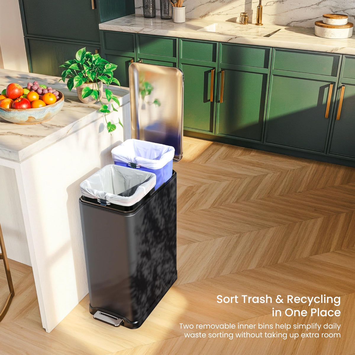 13 Gallon Kitchen Trash Can with Dual Compartments