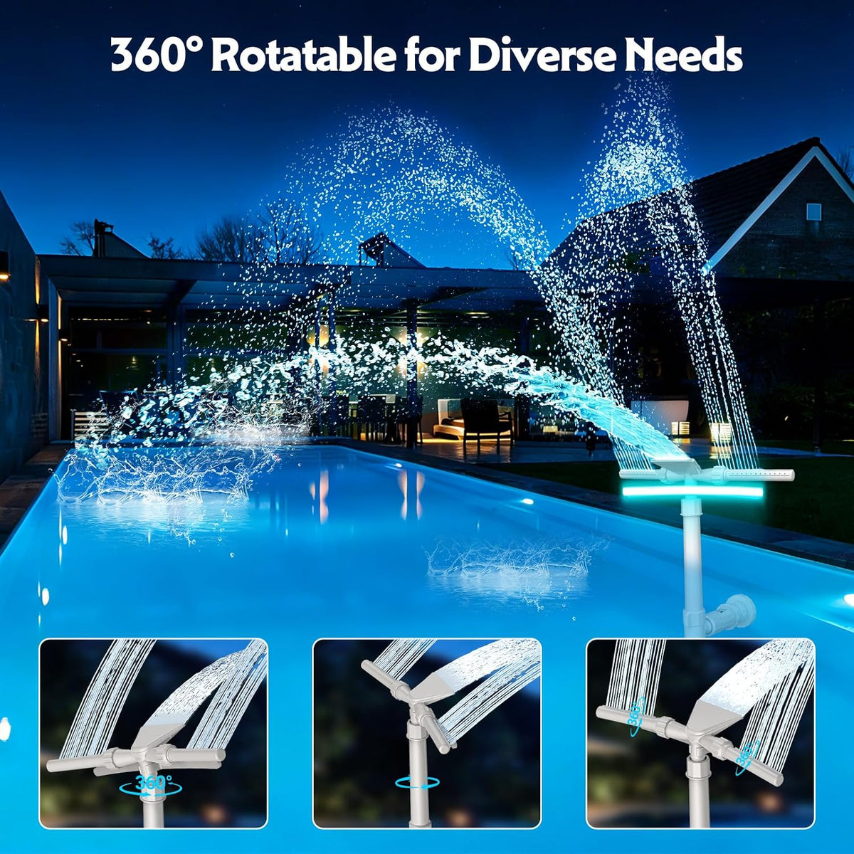 3-in-1 Pool Fountain with Solar 9-Color LED Lights, 360° Adjustable Dual-Head Pool Waterfall Sprinkler, Cooling Spray