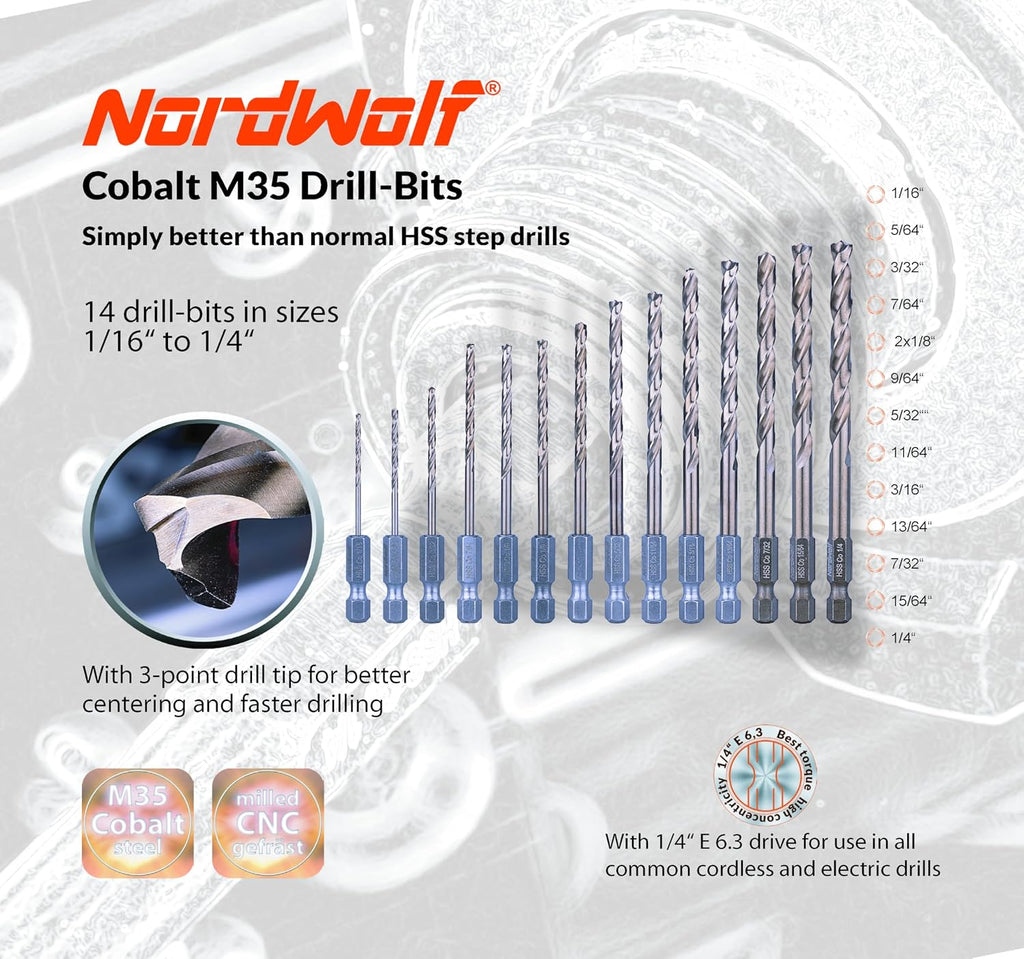 NordWolf 14-Piece M35 Cobalt Drill Bit Set for Stainless Steel, Hard Metals & Cast Iron, Jobber Length with 1/4" Hex Shank, Sizes 1/16" to 1/4"