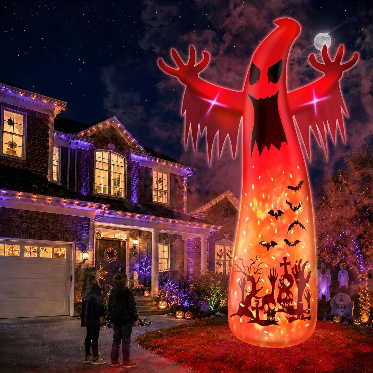 14 Ft Giant Halloween Inflatable Ghost Decorations Outdoor with 3 Colored Rotating Flame LED Changing Red Blue Green