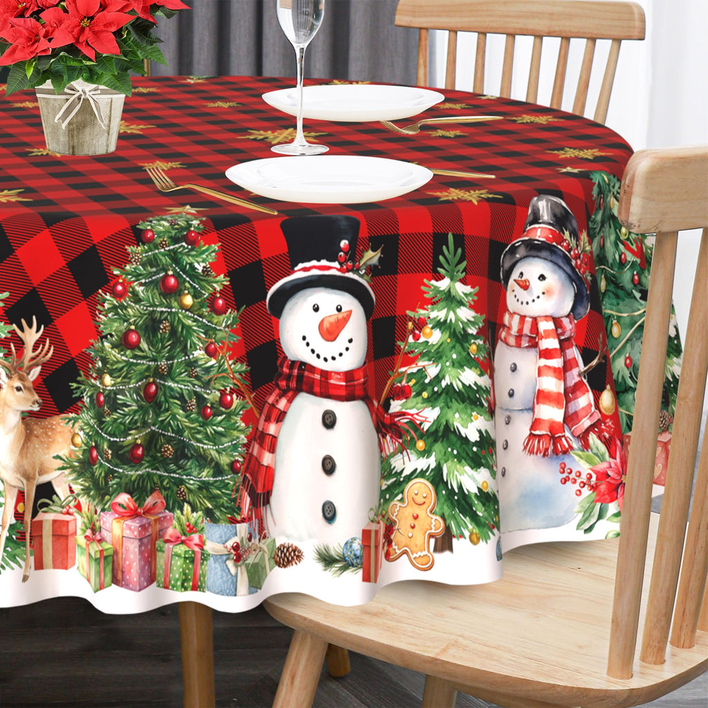 Round Christmas Tablecloth 70 Inch, Snowman Table Cloth Red Xmas Indoor Decorations for Dining Room Party