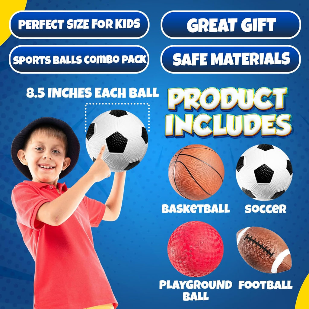 8.5” Sports Balls for Kids & Toddlers - (Pack of 4) Rubber Inflatable Multi-Sport Ball Set - Football, Soccer Ball