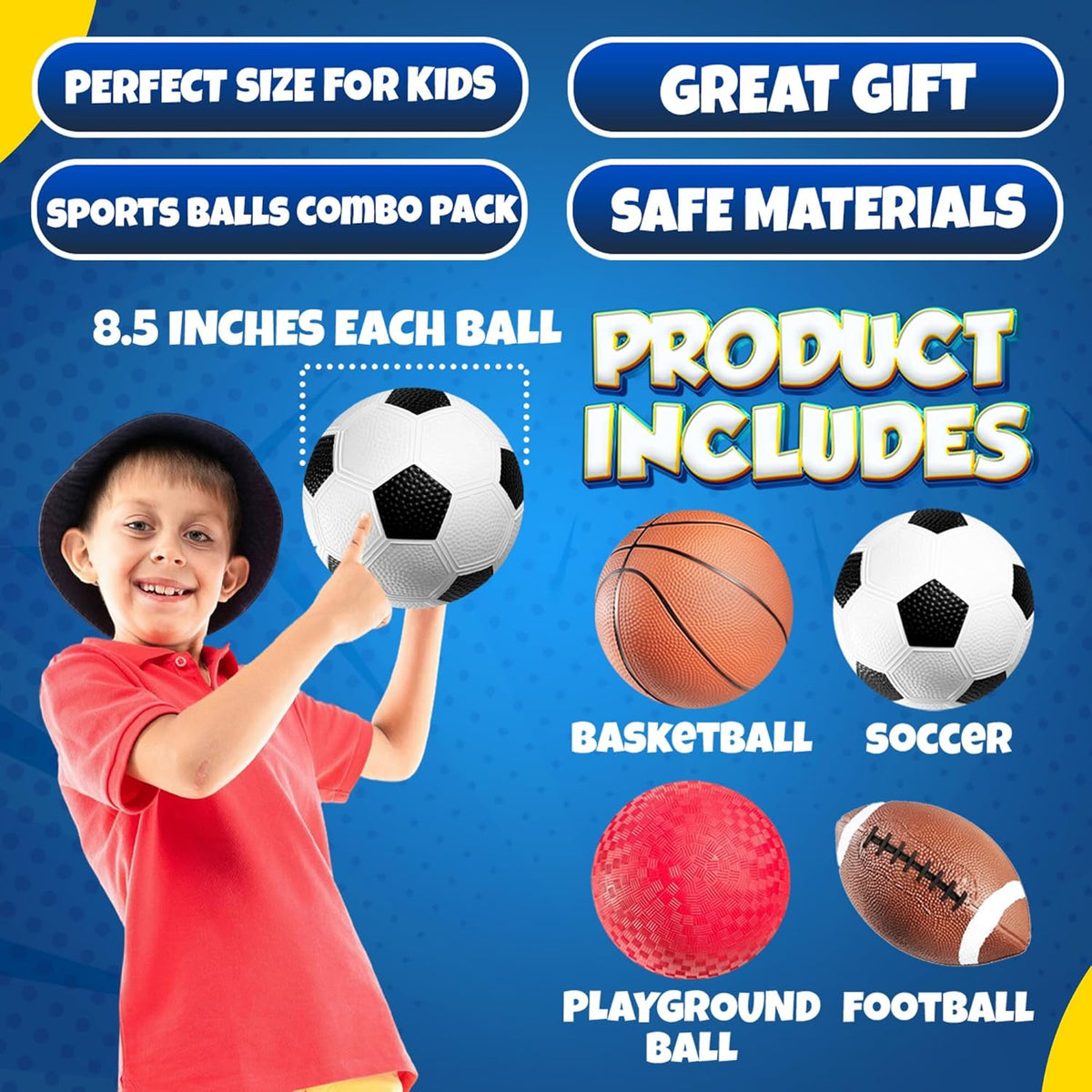 8.5” Sports Balls for Kids & Toddlers - (Pack of 4) Rubber Inflatable Multi-Sport Ball Set - Football, Soccer Ball