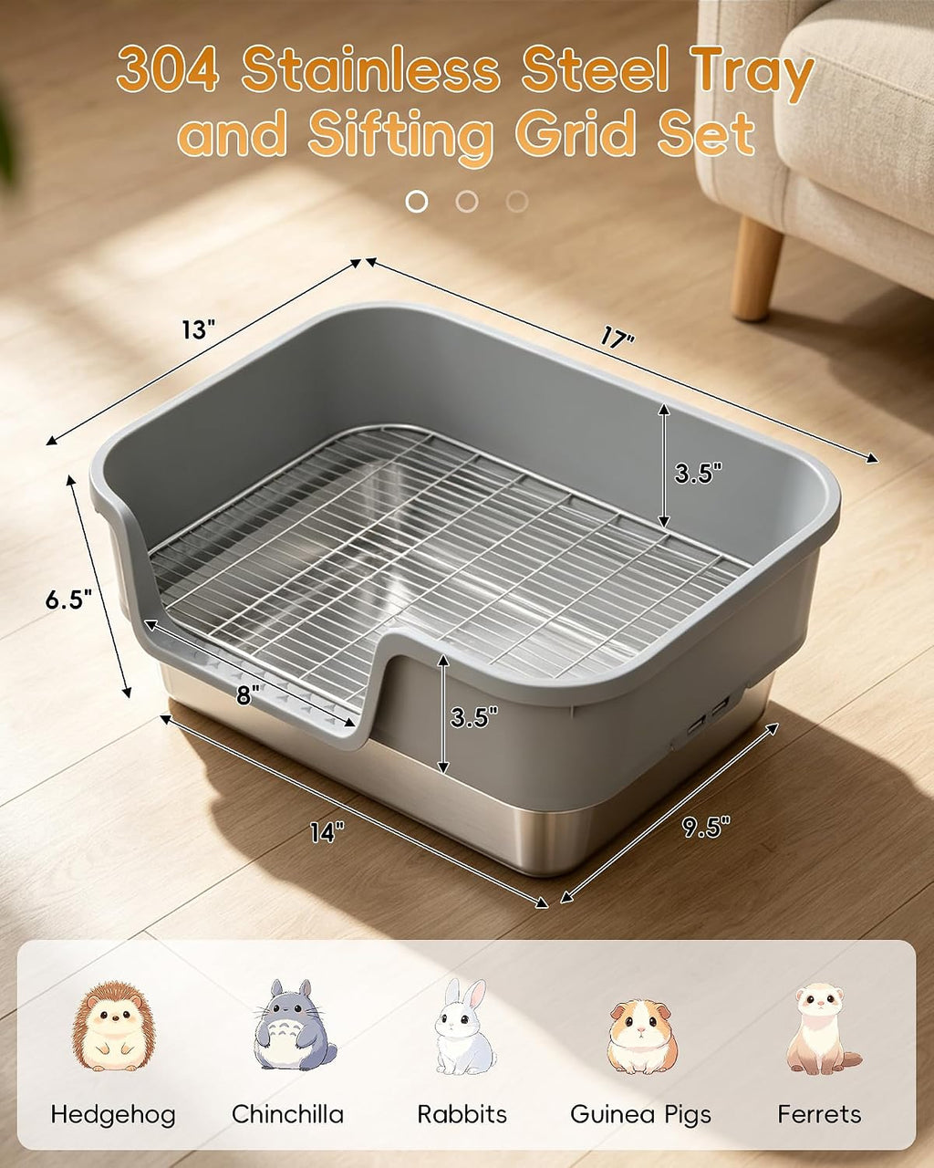 Rabbit Litter Box with 304 Stainless Steel Sifting Grid and Base Pan