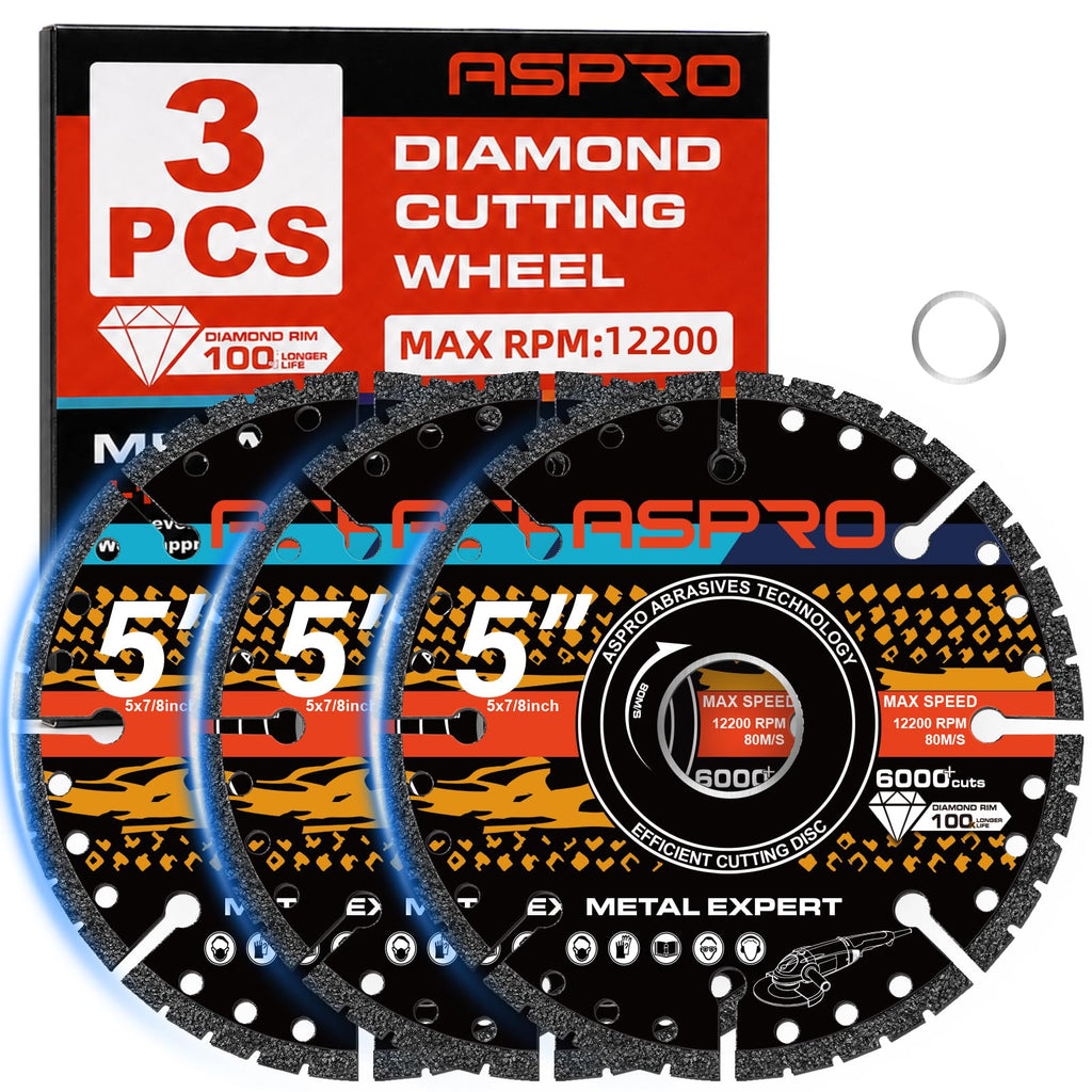 5 in Diamond Cut Off Wheels for Metal, 6000+ Cuts for Angle Grinder, 3 PCS