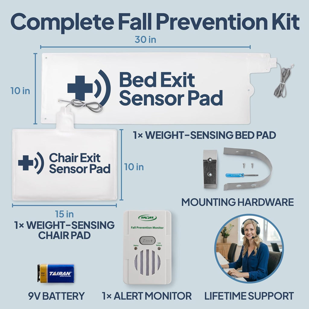 Smart Caregiver Bed and Chair Exit Alarm System for Fall/Wandering Prevention – Know When They get up! Includes