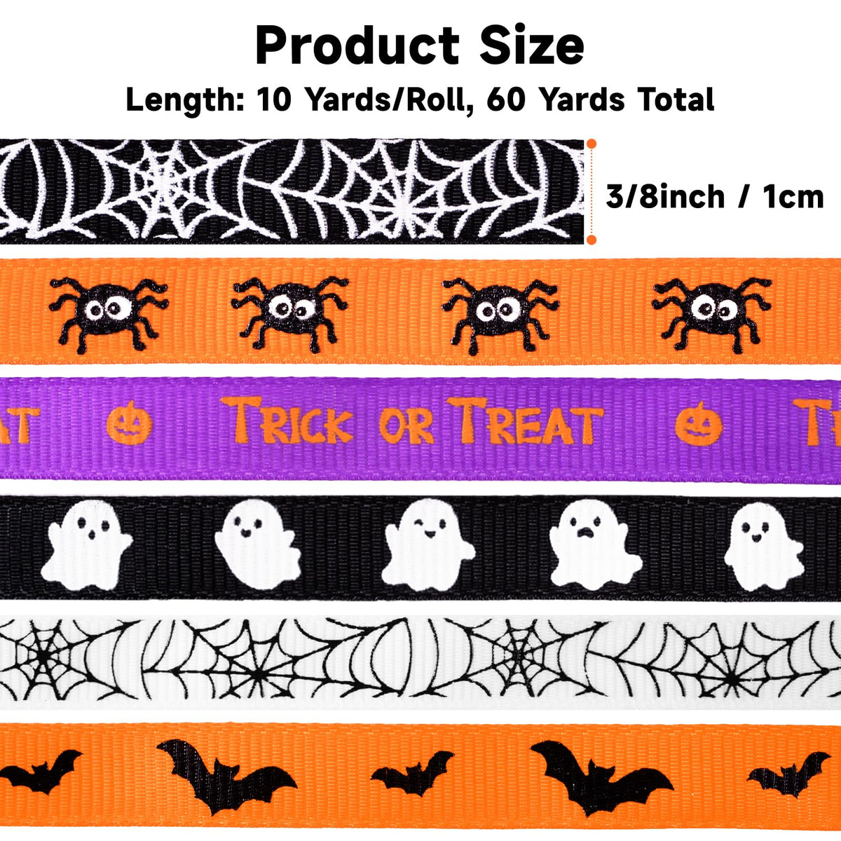 6 Rolls Halloween Ribbon 3/8'' x 60 Yds Black White Orange Purple