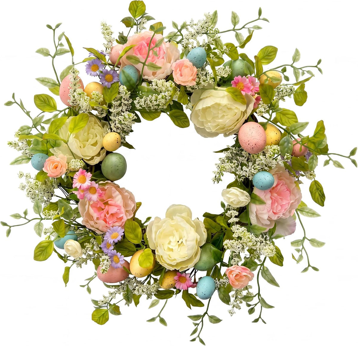 20" Easter Wreath for Front Door Decoration, Artificial Spring Wreath with Flowers and Colorful Easter Eggs, Easter