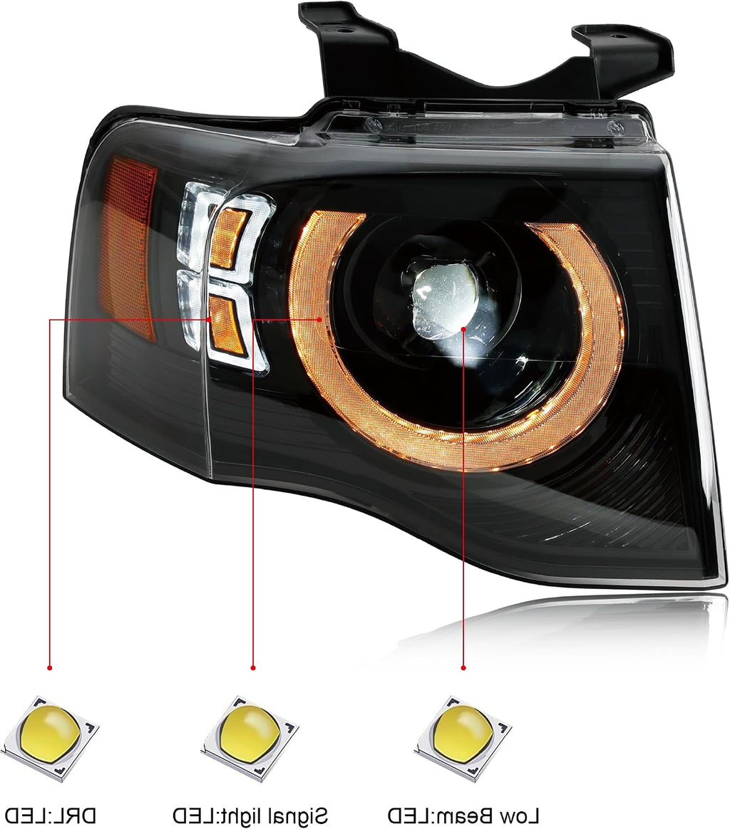Pair Black Halo Projector Headlights Fit 2007-2014 Ford Expedition