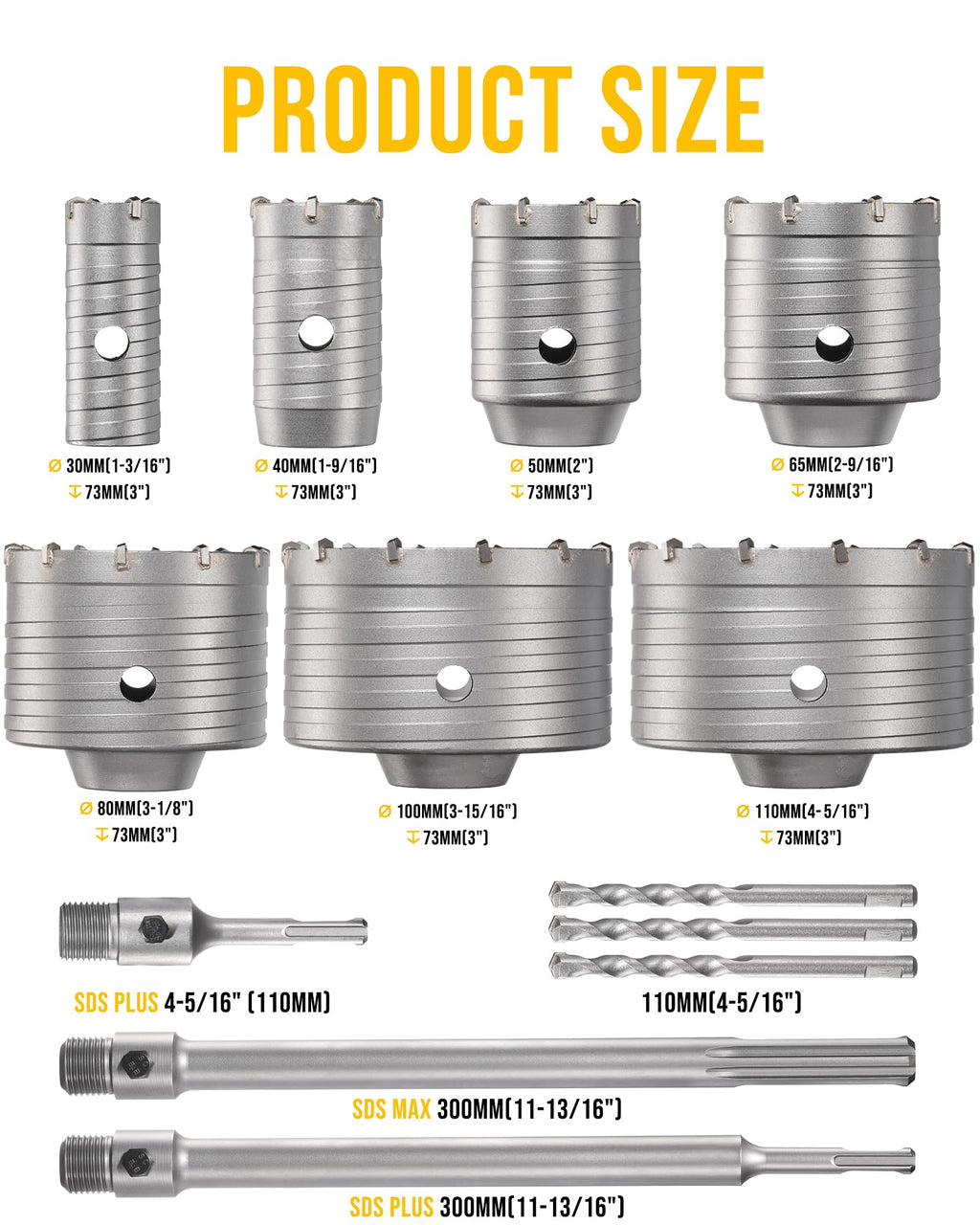 TGFTGF 19PCS Concrete Hole Saw Kit with 300/110mm SDS Plus & 300mm Max Shank and 3 Drill Bits, 30/40/50/65/80/100/110mm Hole Saw Kit, Masonry Hole Cutter Set for Brick, Cement, Stone, Wall Drilling