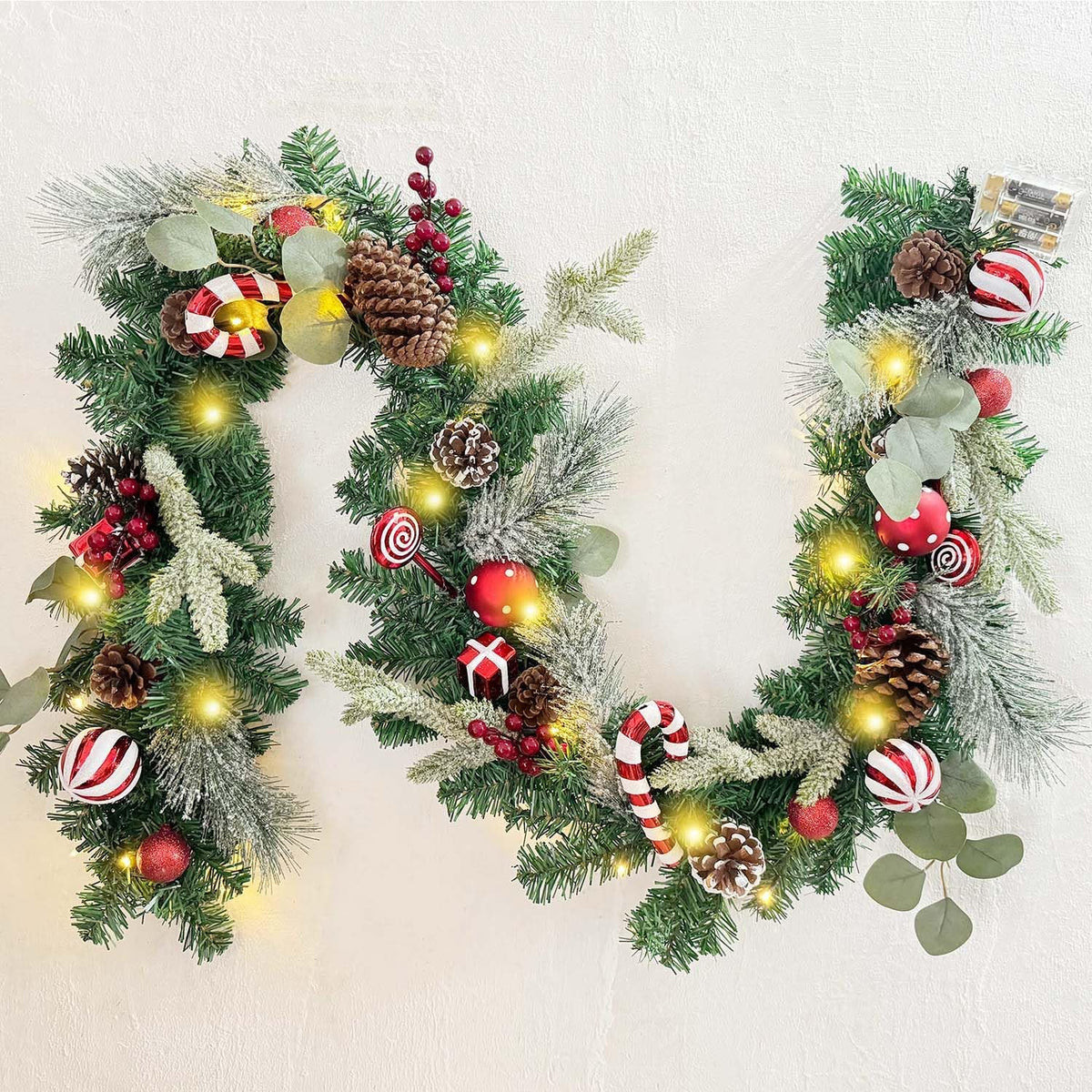 Pre-Lit 6 Feet/ 72 Inch Christmas Garland with Lights for Front Door Red White Christmas Mantel Garland Decoration