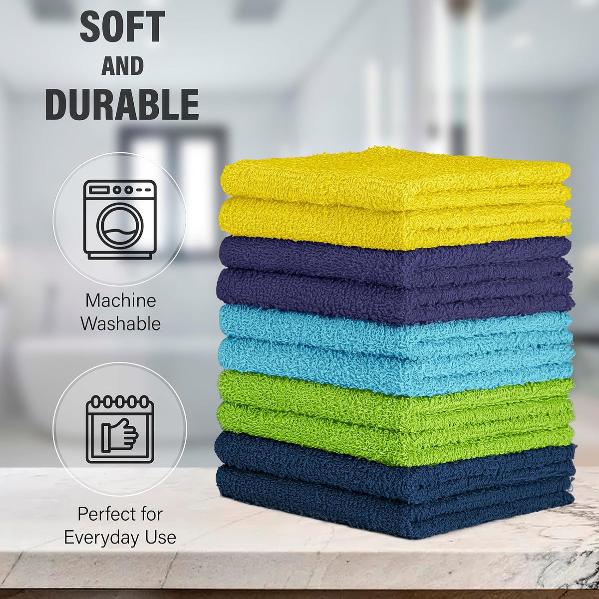 100% Cotton Washcloths 12x12 in, Assorted Set 3 (10 Pack)