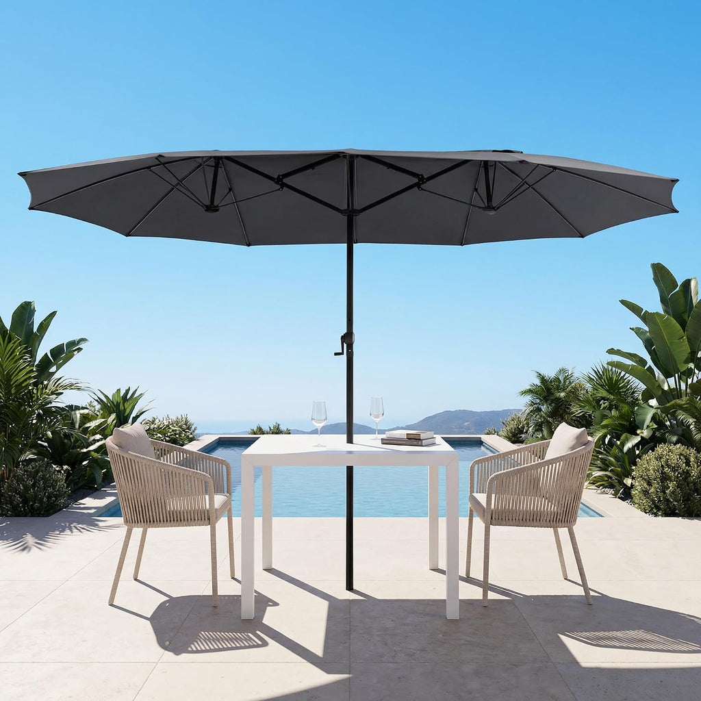 15FT Large Double Sided Patio Umbrella, Aluminum Crank and Heavy Duty Carbon Steel Ribs Outdoor Umbrellas, Fade