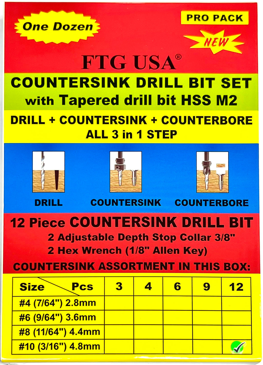 FTG USA 12 Pc #10 (3/16") Countersink Drill Bit Set with Tapered Drill Bits