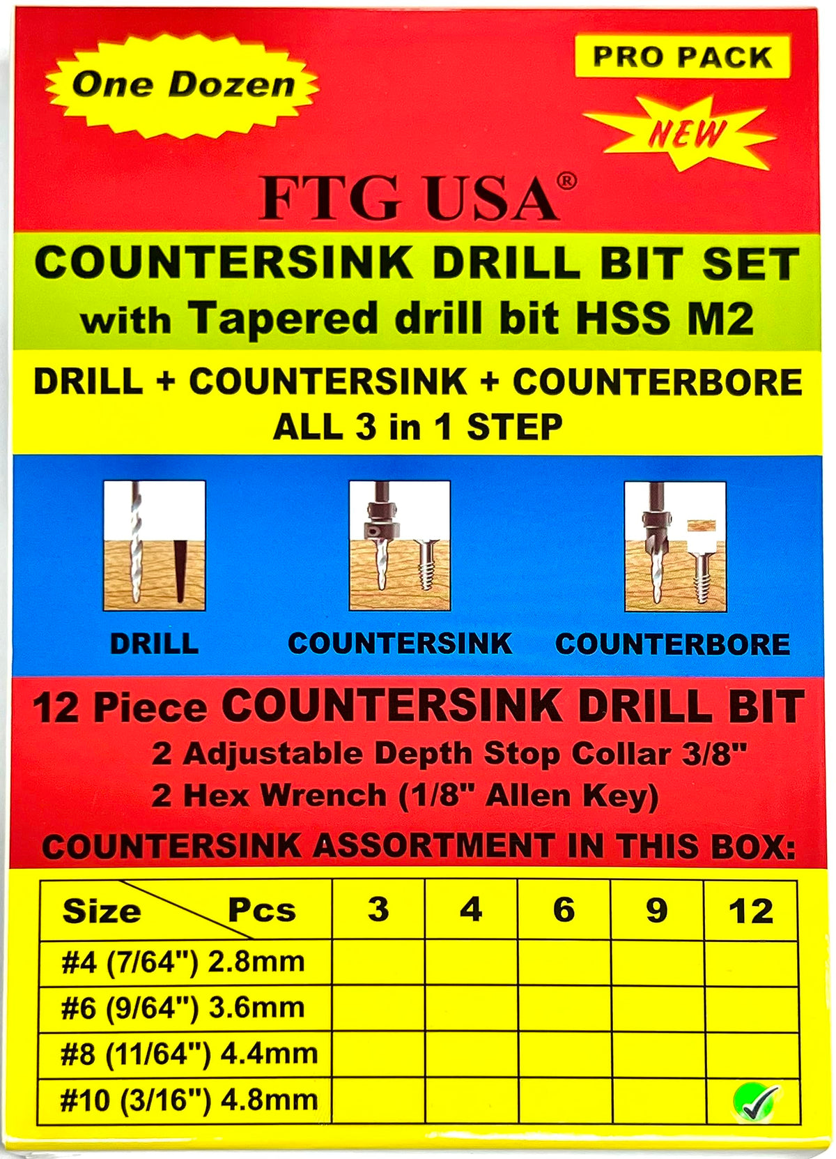 FTG USA 12 Pc #10 (3/16") Countersink Drill Bit Set with Tapered Drill Bits