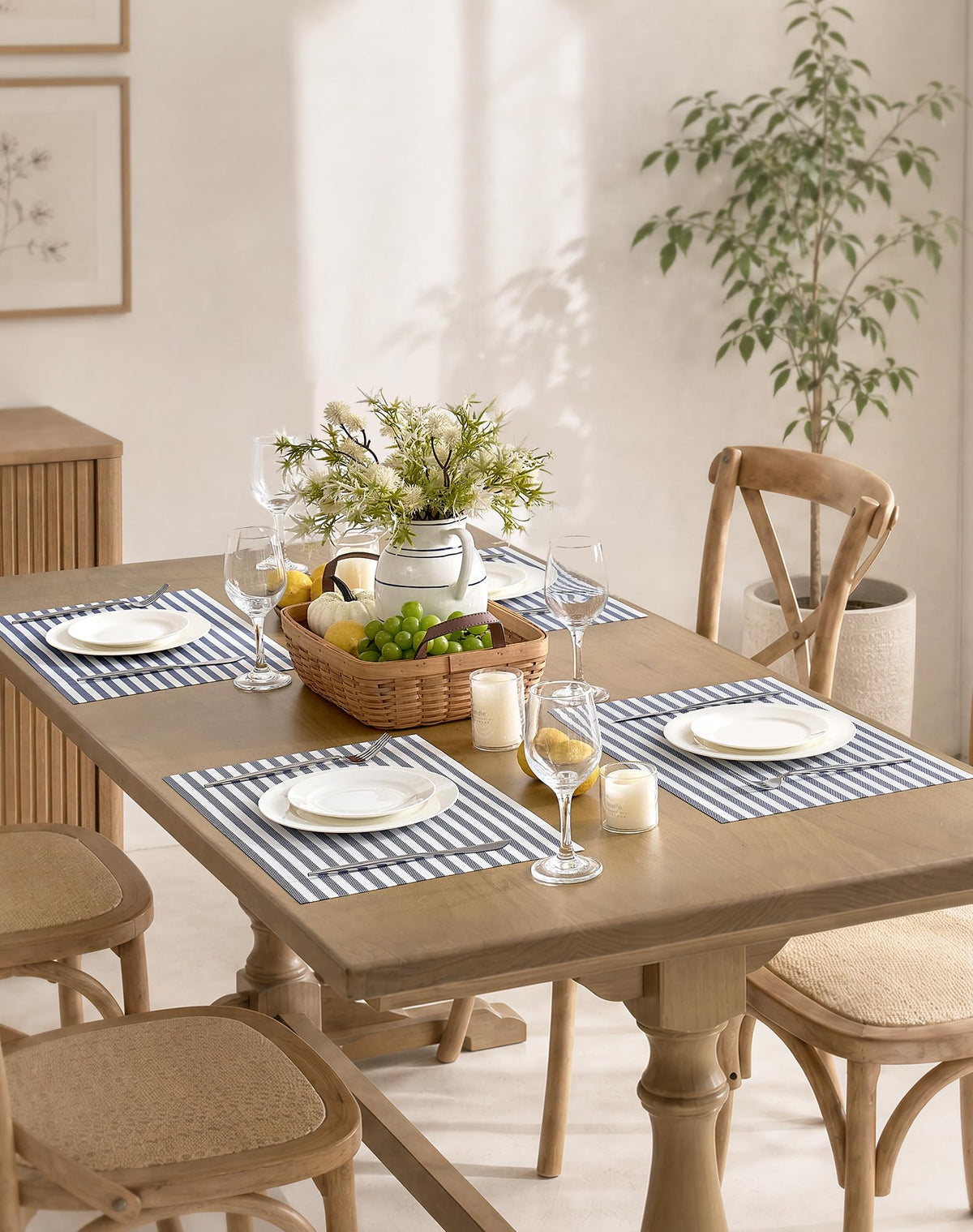 Blue White Striped Woven Vinyl Placemats Set of 24