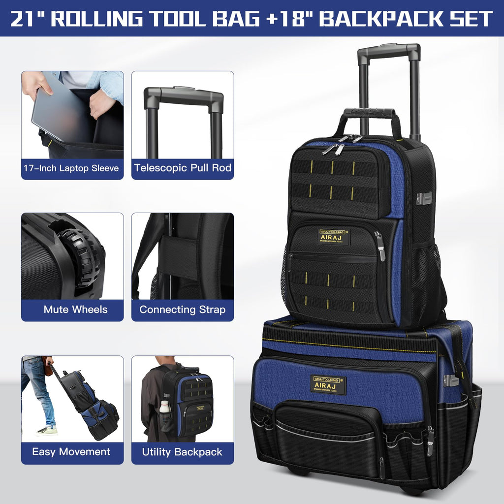 21" Rolling Tool Bag with Wheels & 18" Tool Backpack Set | Adjustable Telescoping Handle | Waterproof Tool Bag | Tool
