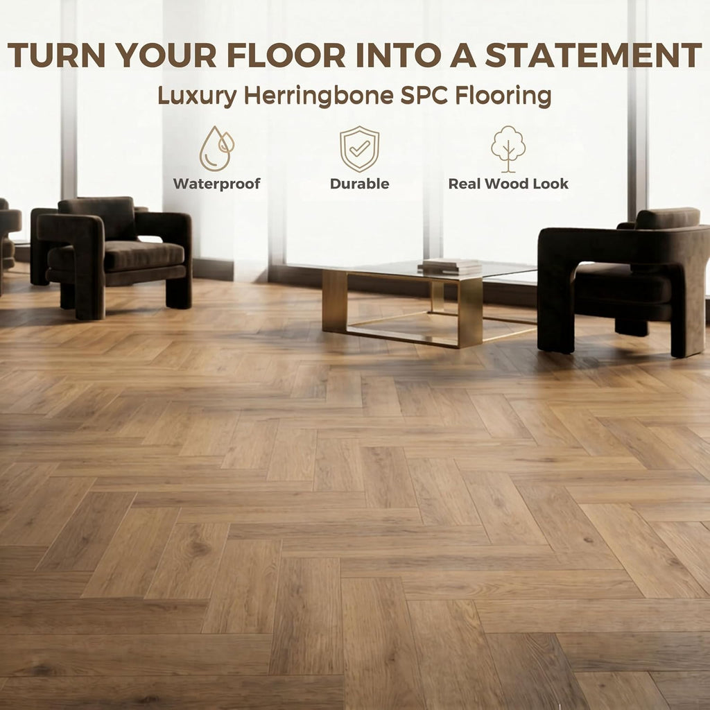 SPC Vinyl Planks Sample Pack, 2 Planks, Click-Lock Water-Resistant Herringbone Flooring, Harpo Oak