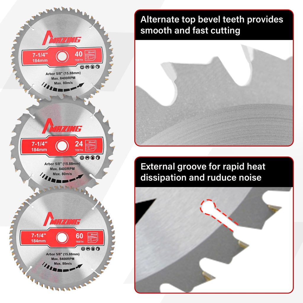 MAZING 3-Piece 7-1/4 Inch 24T&40T&60T Circular Saw Blades, 7.25 Inch TCT Compact Saws Blades with 5/8" Arbor, ATB Design for Precision Woodworking, Fit for Plywood, Soft & Hardwood, Wood with Nails