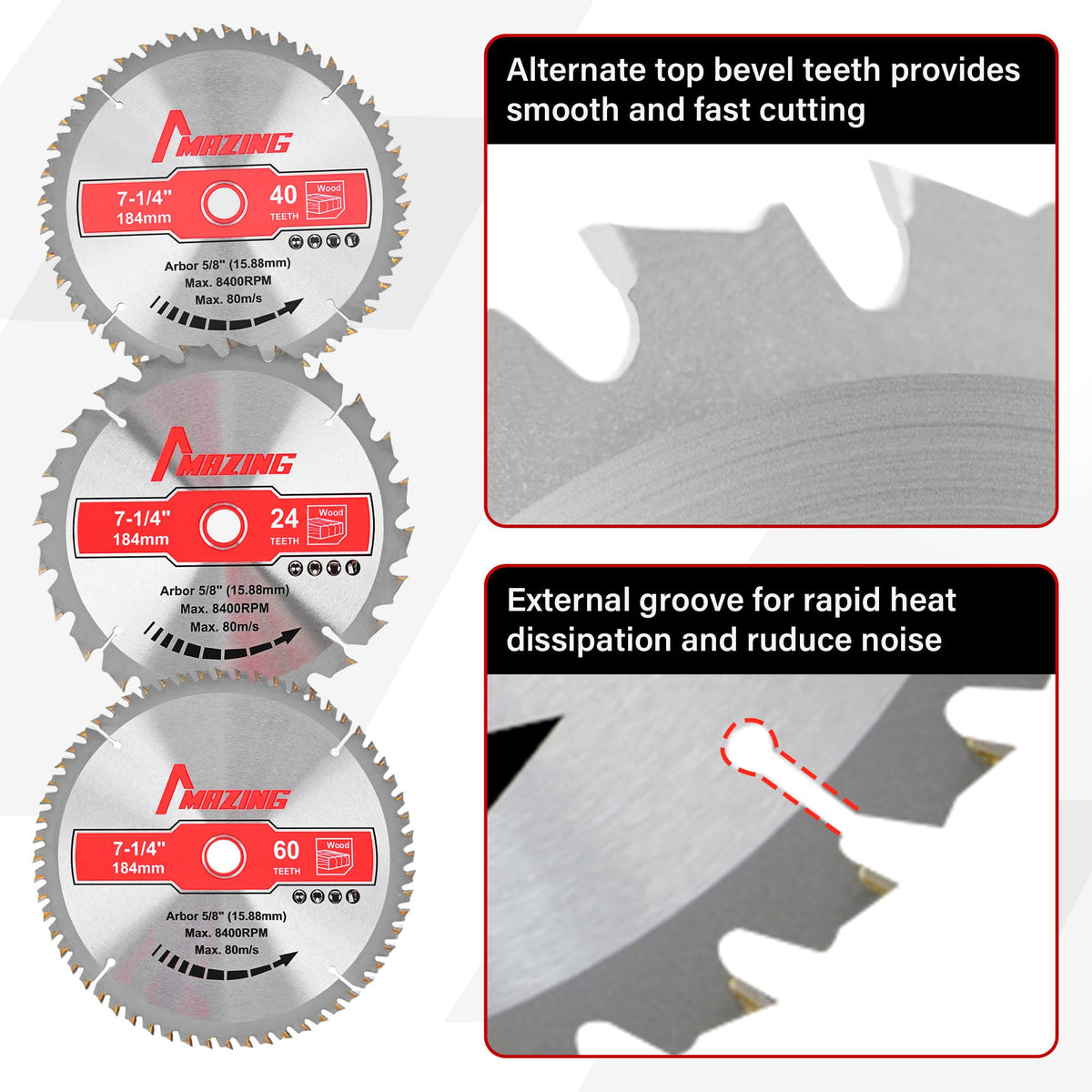MAZING 3-Piece 7-1/4 Inch 24T&40T&60T Circular Saw Blades, 7.25 Inch TCT Compact Saws Blades with 5/8" Arbor, ATB Design for Precision Woodworking, Fit for Plywood, Soft & Hardwood, Wood with Nails