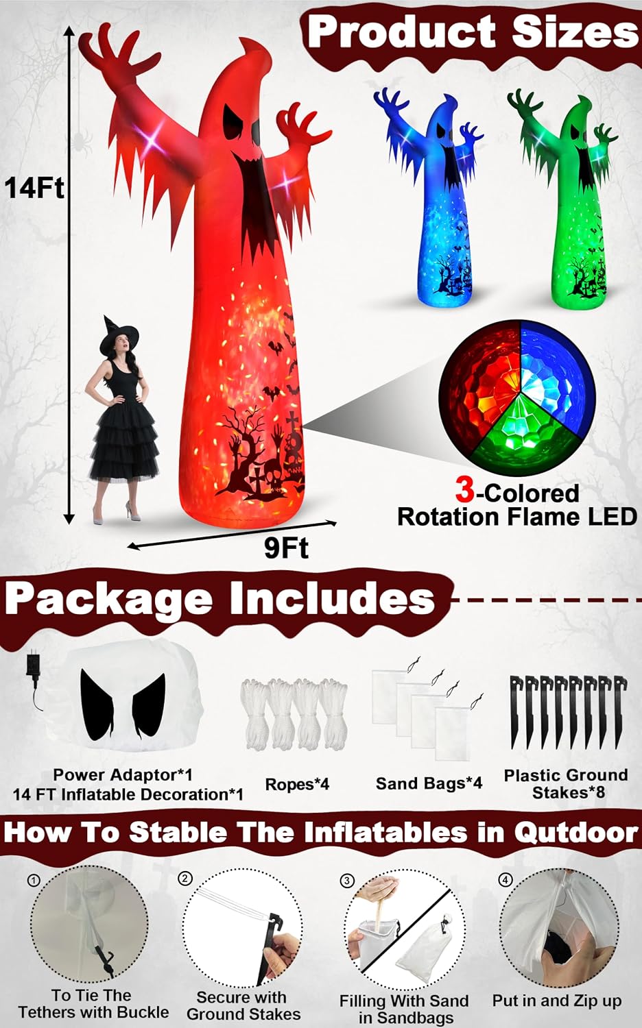 14 Ft Giant Halloween Inflatable Ghost Decorations Outdoor with 3 Colored Rotating Flame LED Changing Red Blue Green