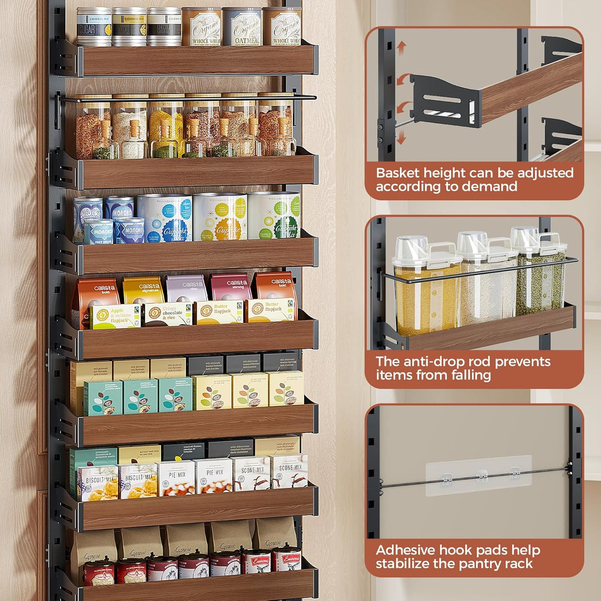 8-Tier Pantry Door Organizer, Over the Door Pantry Organizer with Wooden Adjustable Baskets, 2 IN 1 Spice Rack Wall
