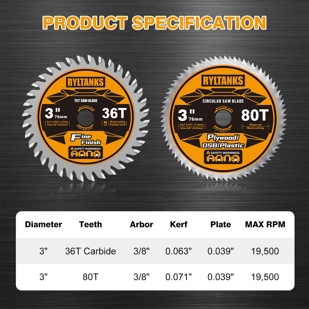 Ryltanks 3 Inch Circular Saw Blade 36T&80T Combo Set with 3/8" Arbor 4-Pack