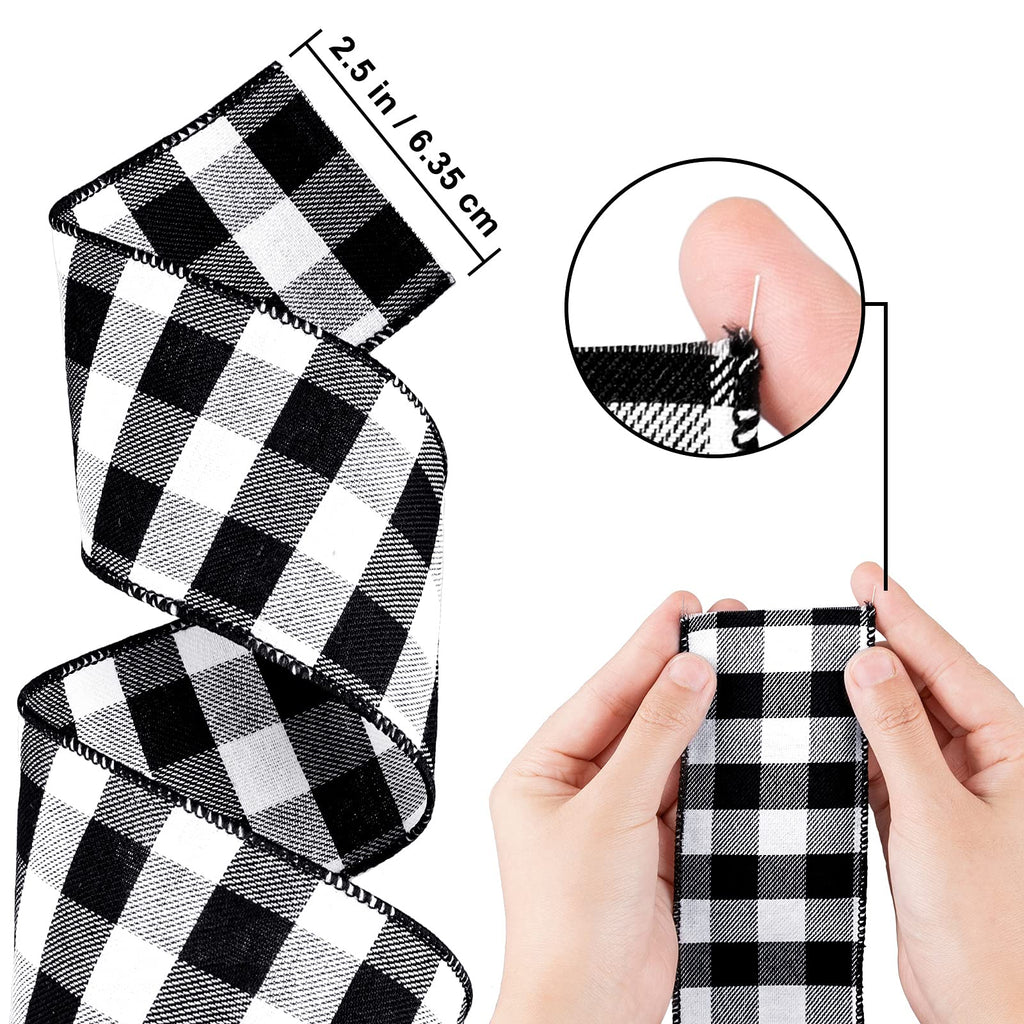 2 Rolls Wired Edge Plaid Ribbon Buffalo Check Ribbon White Black Plaid Ribbon 2.5" Wide Farmhouse Craft Ribbon for
