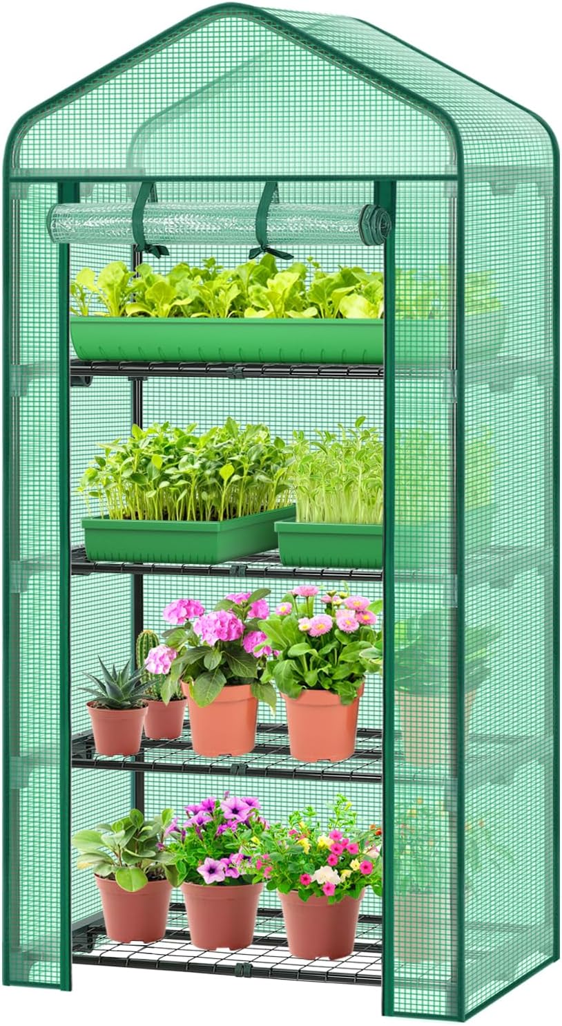 Mini Greenhouse for Indoor Outdoor, 27 x 19 x 62-Inch Small Plant Green House 4-Tier Rack Stand Portable Greenhouses
