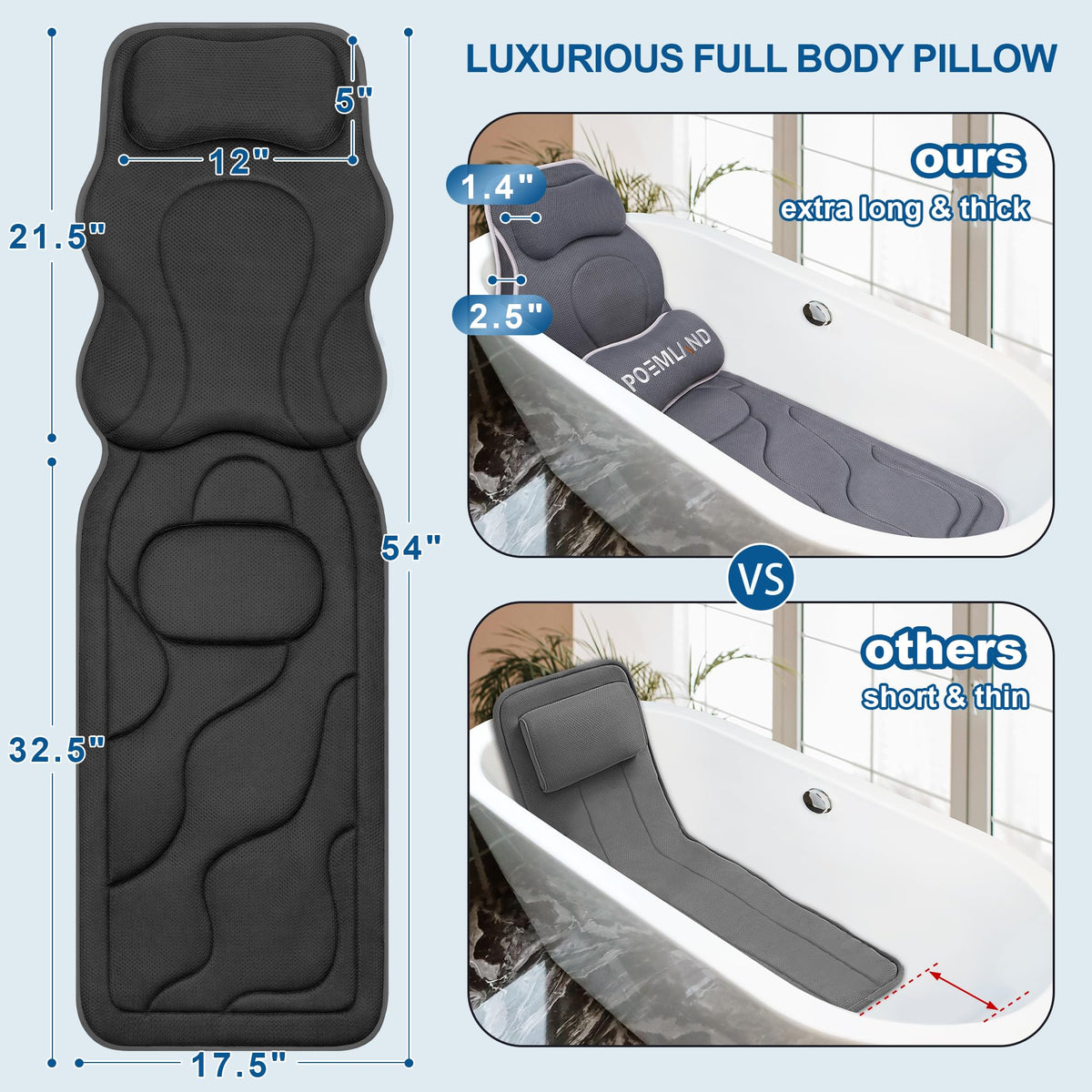 Luxury Full Body Bath Pillows for Tub，Extra Thick Bathtub Cushion