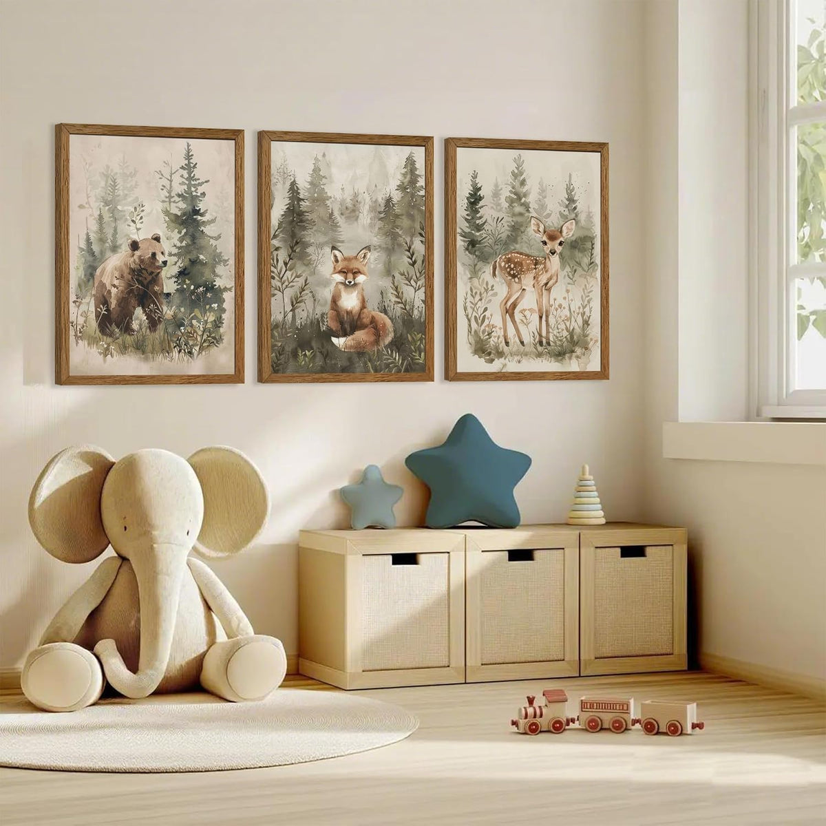 Woodland Animals Nursery Decor Framed Canvas Wall Art, 3pc 12x16 In | Cute Bear Fox Deer, Neutral Forest Animals