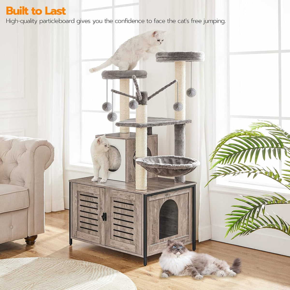 Cat Tree with Litter Box Enclosure, 27.6" L x 18.9" W x 52" H, All-in-One Wooden Cat Tower, Cat Furniture for Indoor