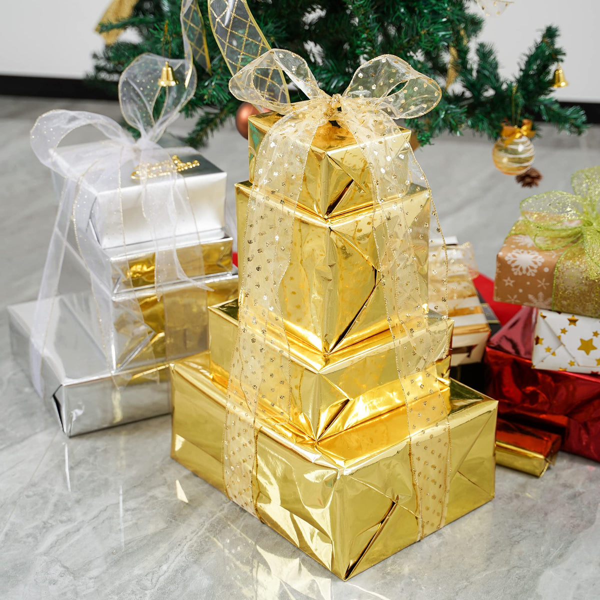 MEEDEE White and Gold Ribbon for Christmas Tree 2.5 Inch 6 Rolls 36 Yards Christmas Ribbons Gold Ribbons for