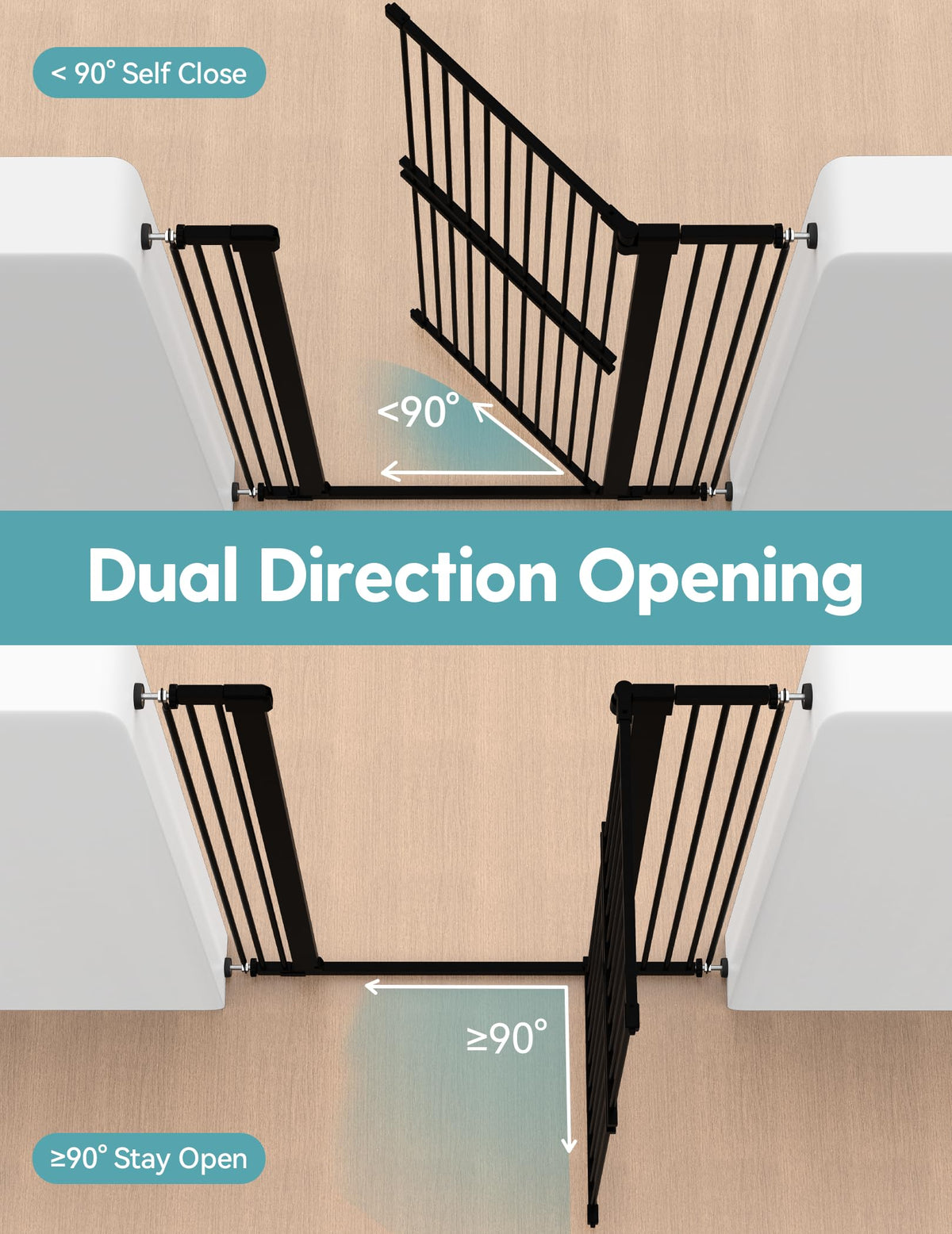 55" x 29-40" Wide Extra-Tall & Extra-Wide Adjustable Hardware/Pressure-Mounted Pet & Child Safety Gate with Dual-Lock Walk-Through Swing Door for Stairs, Hallways & Wide Doorways — Black
