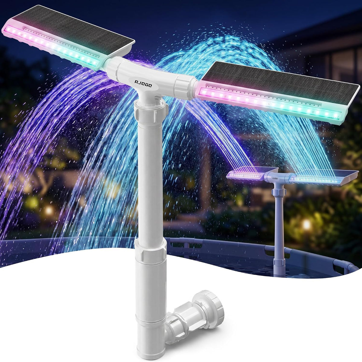 Solar Pool Fountain with Lights, Dual Power LED Waterfall (White) | Dual Power Solar and Type-C, 6000mAh Battery, 10