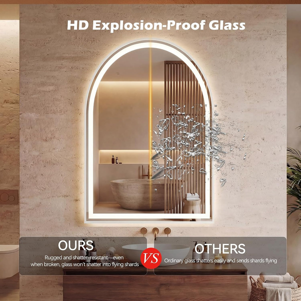 24"x36" LED Bathroom Mirror with Lights, Arched Vanity Mirror | Anti-Fog, Dimmable, 3-Color Light, Memory Function