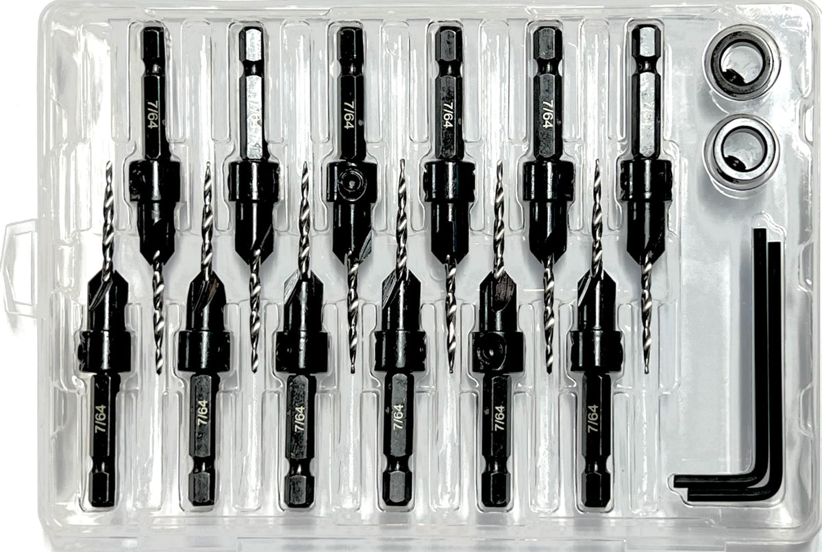 FTG USA 12 Pc #4 (7/64") Tapered Countersink Drill Bit Set with 2 Stops