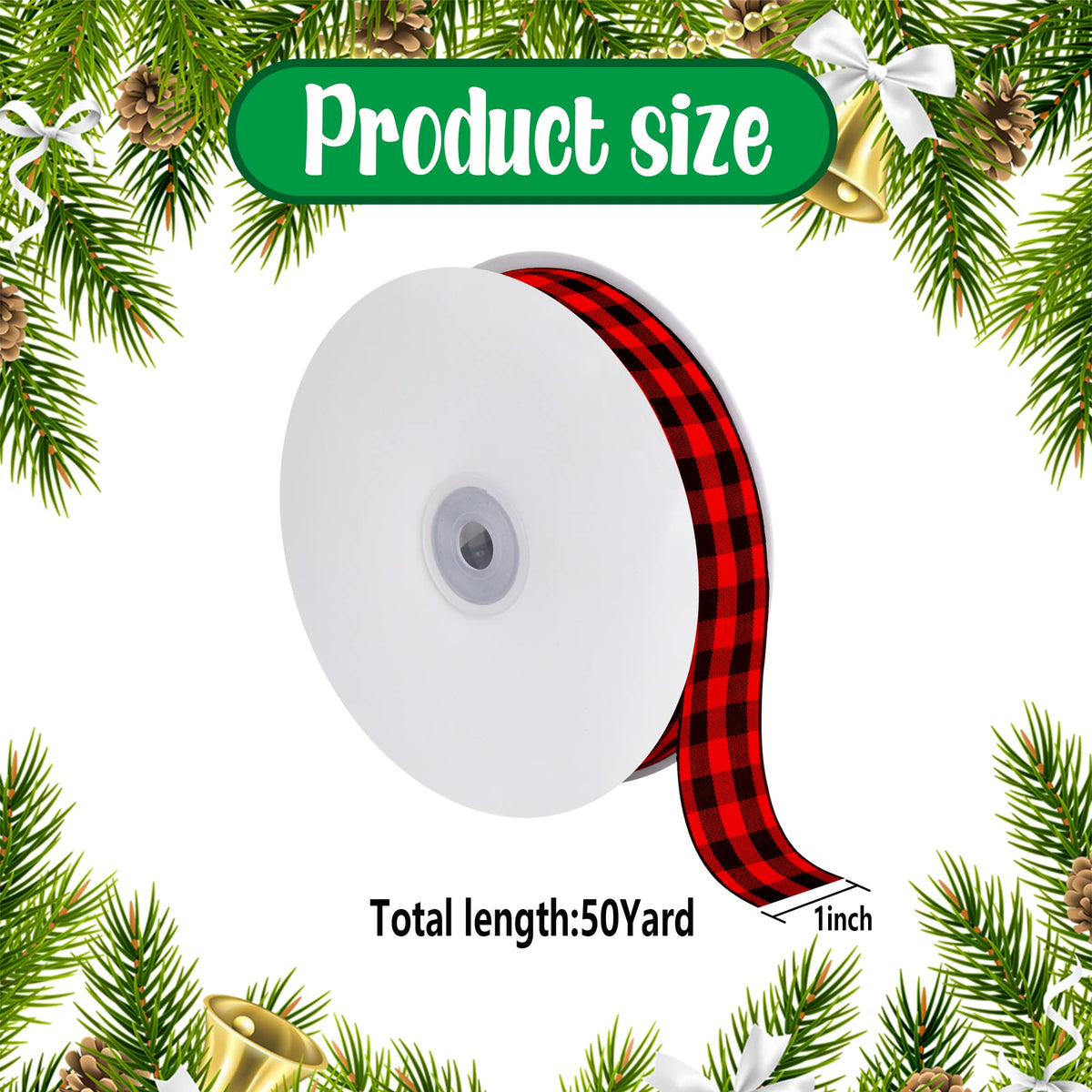50 Yard Large Buffalo Plaid Ribbon - 1" Red Black Lumberjack Check Ribbon