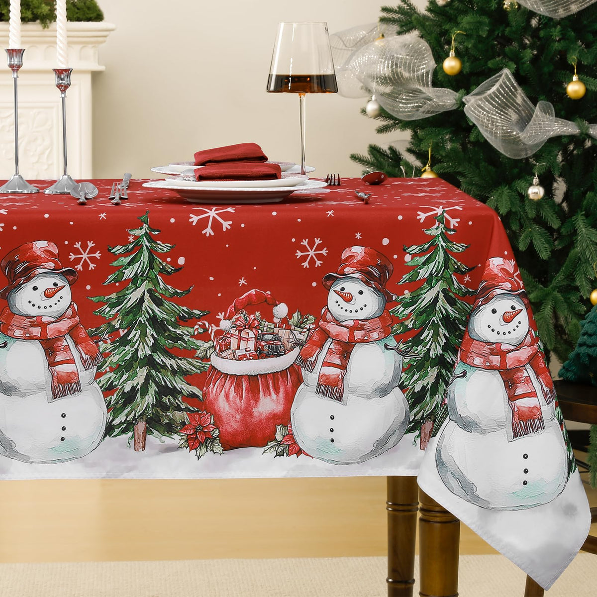 Red Christmas Tablecloth with Snowman, 60 x 84 Inch Rectangle