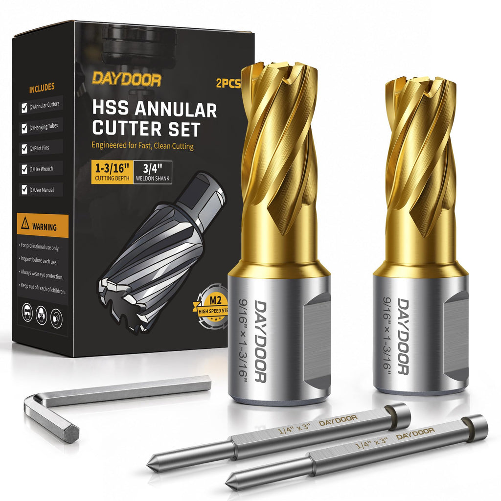 DAYDOOR 9/16'' HSS Annular Cutter, TiN Coated, 1-3/16'' Cutting Depth, 2pcs