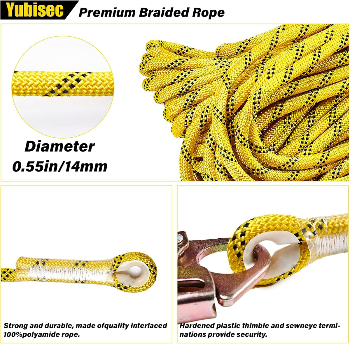Rope Harness Safety Lanyard 25FT, Vertical Lifeline Assembly | Grab Snap Hooks Shock Absorber, Fall Protection Tree