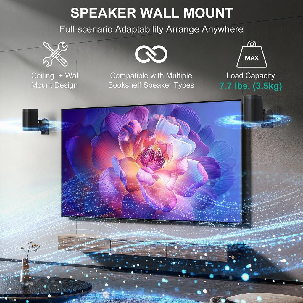 Speaker Wall Mount, Surround Sound Speaker Stand with Adjustable Swivel Tilt Angle, Small Bookshelf Speaker Mount for