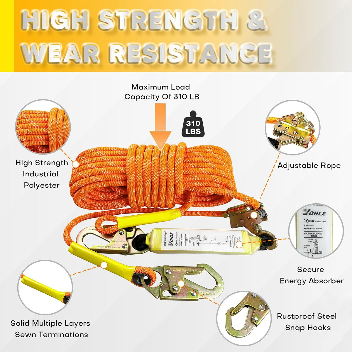 Fall Protection Safety Rope 50FT Heavy Duty Vertical Roofing Ropes with Alloy Steel Grab Snap Hooks Shock Absorber
