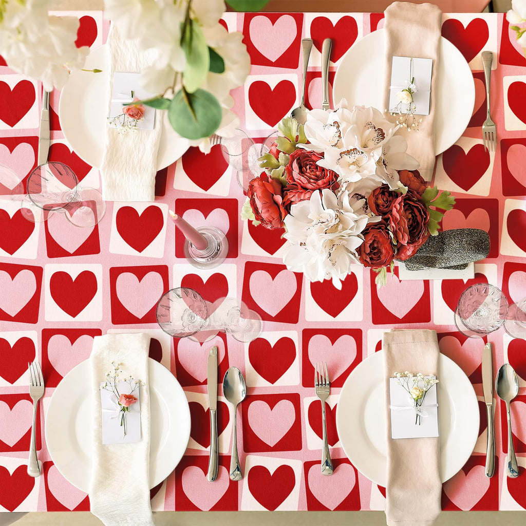 Valentine's Day Rectangle Tablecloth Red Pink Hearts Plaids Fabric Table Cloth Washable Love Heart Table Cover for