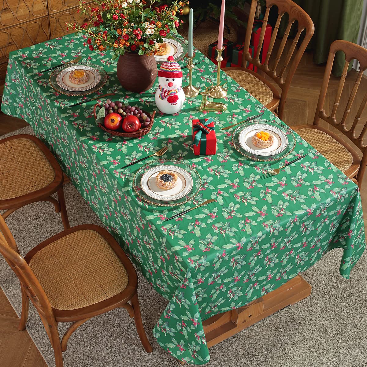 Vinyl Christmas Tablecloth Rectangle Flannel Backing, Vintage Holly & Berry Print Waterproof & Heavy Plastic Table