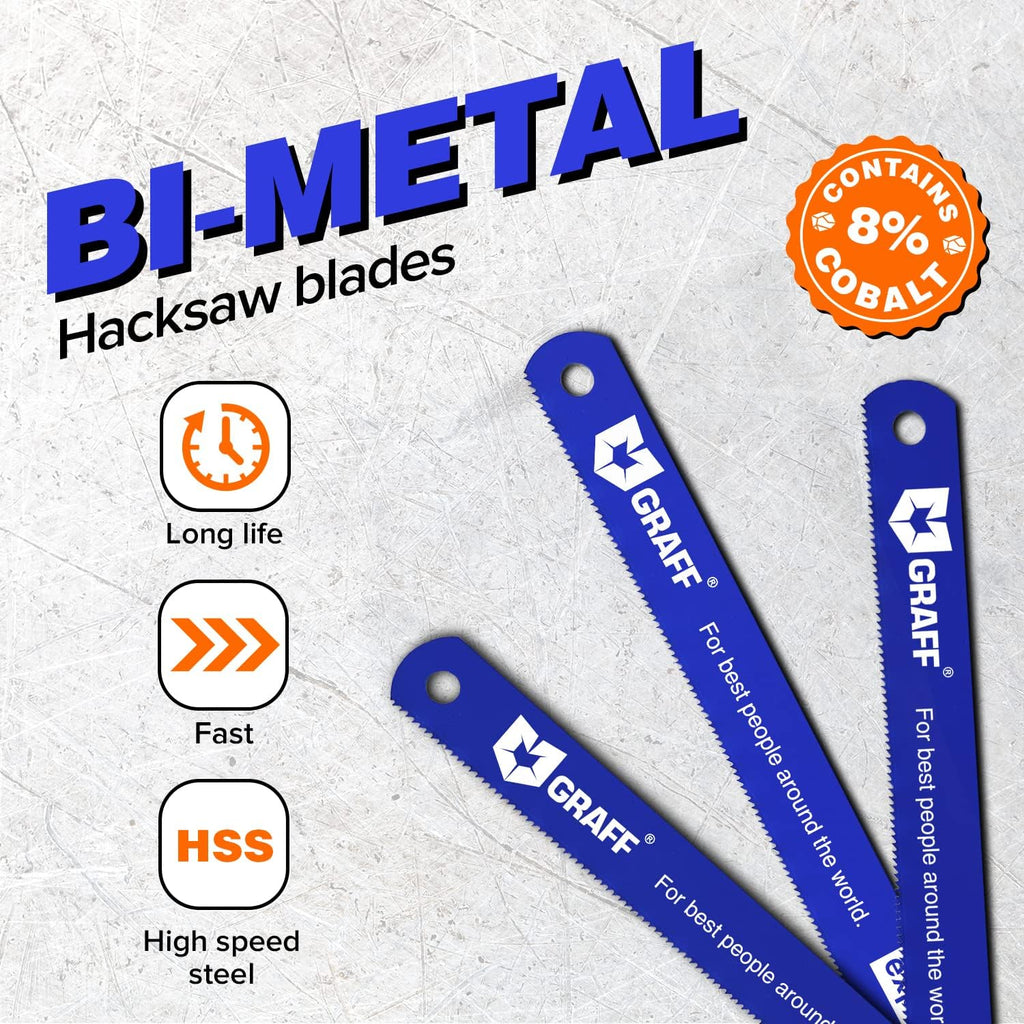 GRAFF 8% Cobalt Premium Hacksaw Blades 12 Inch for Stainless Steel and Metal Cutting 24 tpi - Handsaw Blades Replacement Bi-Metal